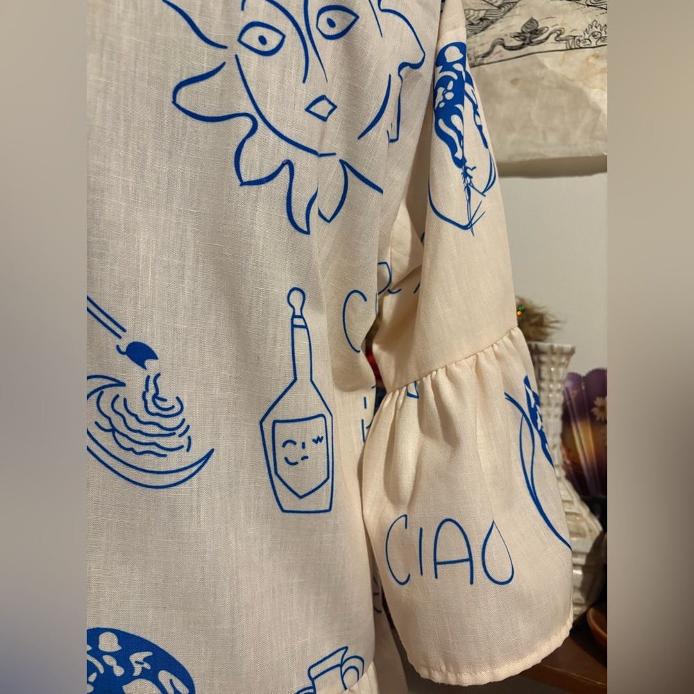 Cummense Ciao Wine Cream Blue Graphic Babydoll Ruffle Dress Medium - Picture 10 of 10